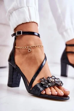 Boto Sandały Na Obcasie*Damskie Skórzane Sandały Z Kryształami Czarne Ramona