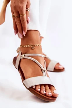 Damskie buty S.Barski Sandały Płaskie*Damskie Skórzane Sandały Z Cyrkoniami Złote Melly