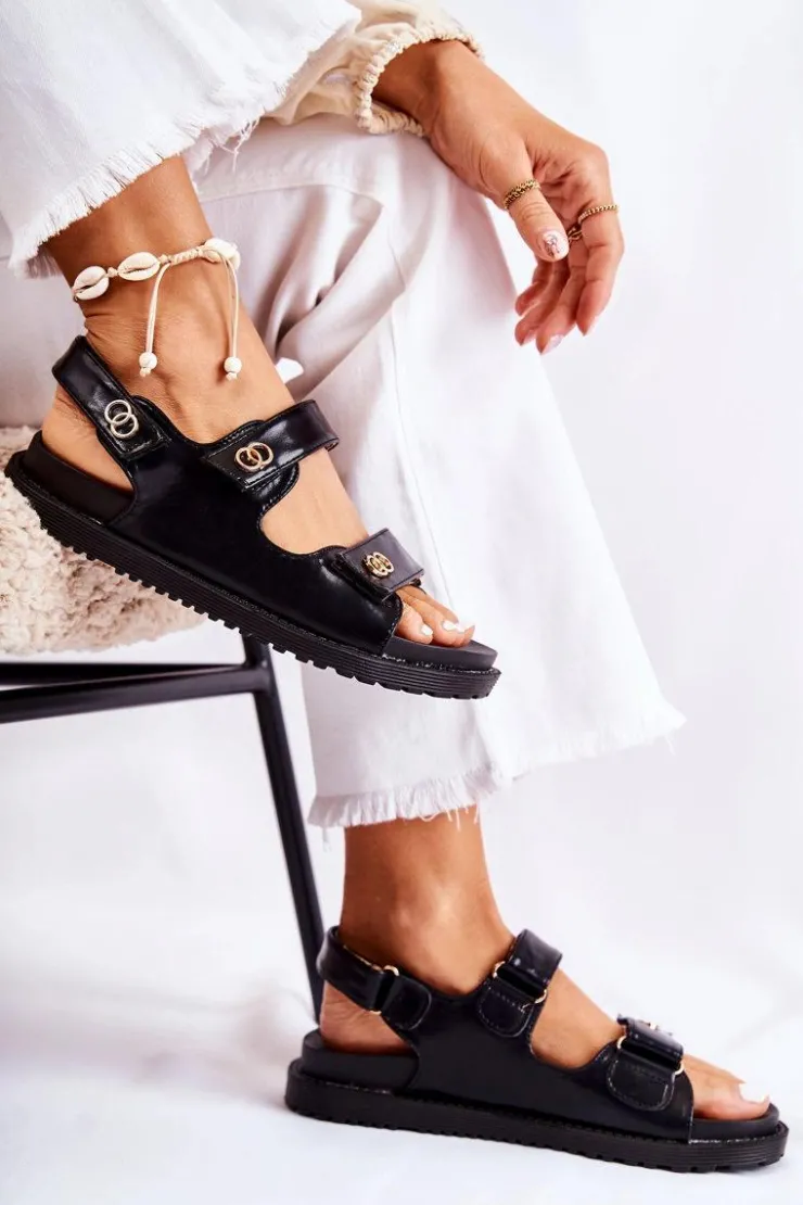 Damskie Damskie buty S.Barski Damskie Skórzane Sandały Z Ozdobą Czarne Halis