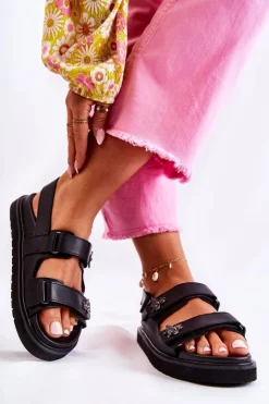 Clearance Damskie buty S.Barski Damskie Skórzane Sandały Z Ozdobą Czarne Elly