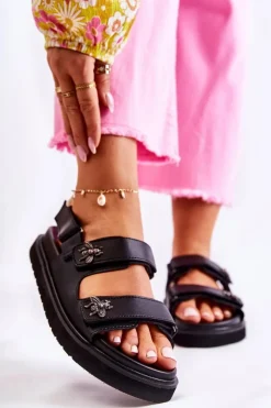 Clearance Damskie buty S.Barski Damskie Skórzane Sandały Z Ozdobą Czarne Elly