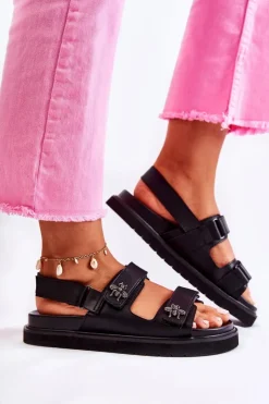 Clearance Damskie buty S.Barski Damskie Skórzane Sandały Z Ozdobą Czarne Elly