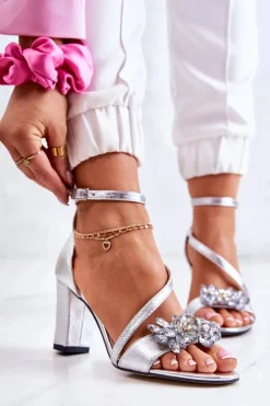 Boto Damskie Skórzane Sandały Z Kryształami Srebrne Ramona