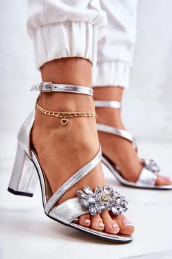 Boto Damskie Skórzane Sandały Z Kryształami Srebrne Ramona