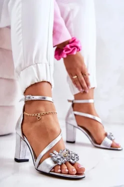 Boto Damskie Skórzane Sandały Z Kryształami Srebrne Ramona