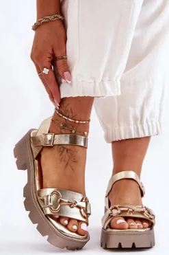 Boto Sandały Płaskie*Damskie Skórzane Sandały Z Ozdobą Złote Emori