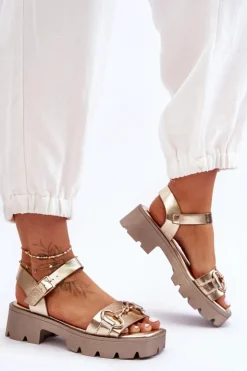 Boto Sandały Płaskie*Damskie Skórzane Sandały Z Ozdobą Złote Emori