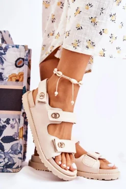 Hot Damskie buty S.Barski Damskie Skórzane Sandały Z Ozdobą Beżowe Halis