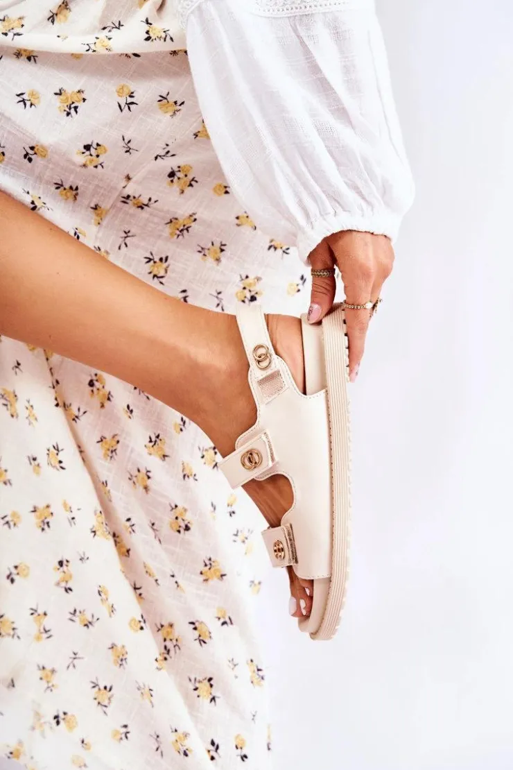 Hot Damskie buty S.Barski Damskie Skórzane Sandały Z Ozdobą Beżowe Halis