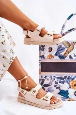 Hot Damskie buty S.Barski Damskie Skórzane Sandały Z Ozdobą Beżowe Halis