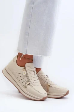 Damskie Evento Damskie Skórzane Sneakersy Na Platformie Beżowe Ligustra