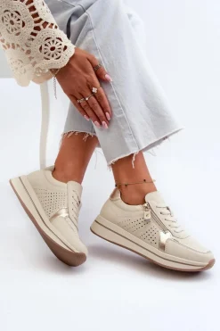 Damskie Evento Damskie Skórzane Sneakersy Na Platformie Beżowe Ligustra