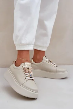 Damskie CheBello Damskie Skórzane Sneakersy Na Platformie Z Ozdobami 4292 Jasnobeżowe
