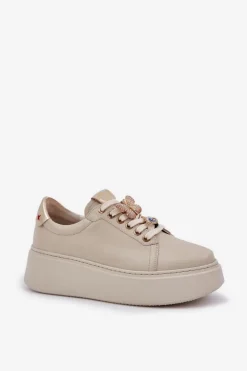Damskie CheBello Damskie Skórzane Sneakersy Na Platformie Z Ozdobami 4292 Jasnobeżowe