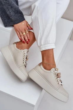 Damskie CheBello Damskie Skórzane Sneakersy Na Platformie Z Ozdobami 4292 Jasnobeżowe