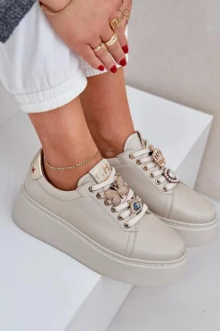 Damskie CheBello Damskie Skórzane Sneakersy Na Platformie Z Ozdobami 4292 Jasnobeżowe