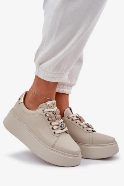 Damskie CheBello Damskie Skórzane Sneakersy Na Platformie Z Ozdobami 4292 Jasnobeżowe