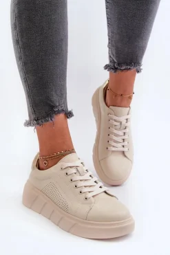 Damskie Evento Damskie Skórzane Sneakersy Na Platformie Beżowe Gatira