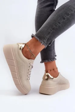 Damskie Evento Damskie Skórzane Sneakersy Na Platformie Beżowe Gatira