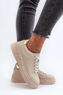 Damskie Evento Damskie Skórzane Sneakersy Na Platformie Beżowe Gatira