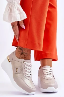 Clearance Damskie buty S.Barski Damskie Skórzane Sneakersy Na Koturnie Złote Beatris