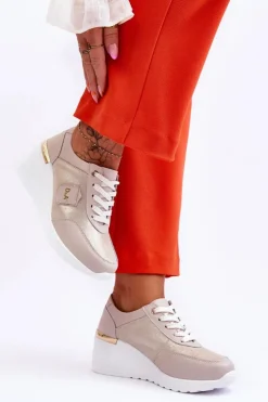 Clearance Damskie buty S.Barski Damskie Skórzane Sneakersy Na Koturnie Złote Beatris