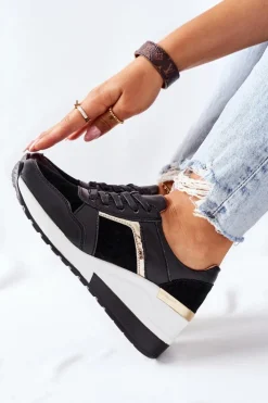 Damskie buty S.Barski Sneakersy Damskie*Damskie Skórzane Sneakersy Na Koturnie Czarne Białe Manitoba