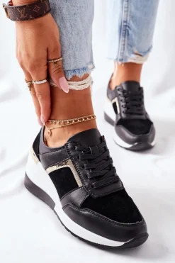 Damskie buty S.Barski Sneakersy Damskie*Damskie Skórzane Sneakersy Na Koturnie Czarne Białe Manitoba