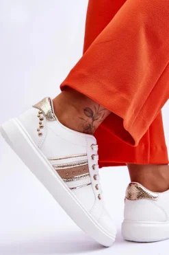Damskie Boto Damskie Skórzane Sneakersy Z Ćwiekami Biało-Złote Dory