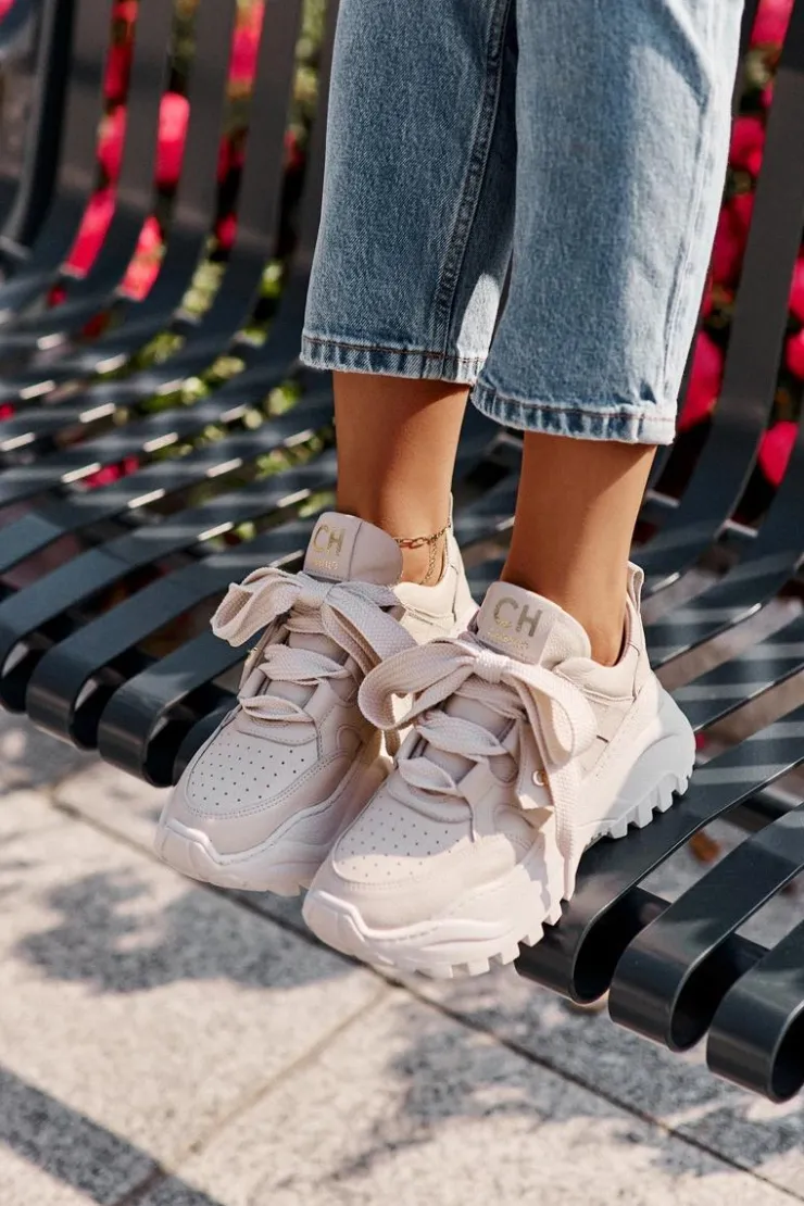 Damskie CheBello Damskie Skórzane Sneakersy Beżowe 4583