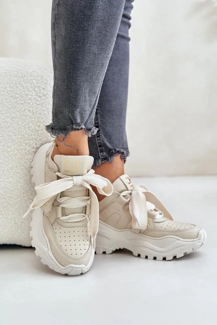 Damskie CheBello Damskie Skórzane Sneakersy Beżowe 4583