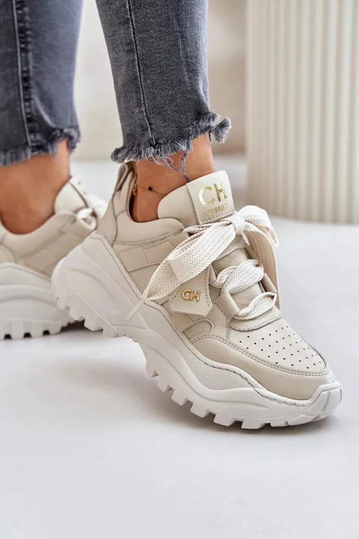 Damskie CheBello Damskie Skórzane Sneakersy Beżowe 4583