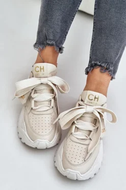 Damskie CheBello Damskie Skórzane Sneakersy Beżowe 4583