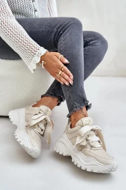 Damskie CheBello Damskie Skórzane Sneakersy Beżowe 4583