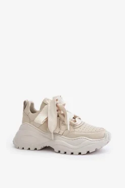 Damskie CheBello Damskie Skórzane Sneakersy Beżowe 4583