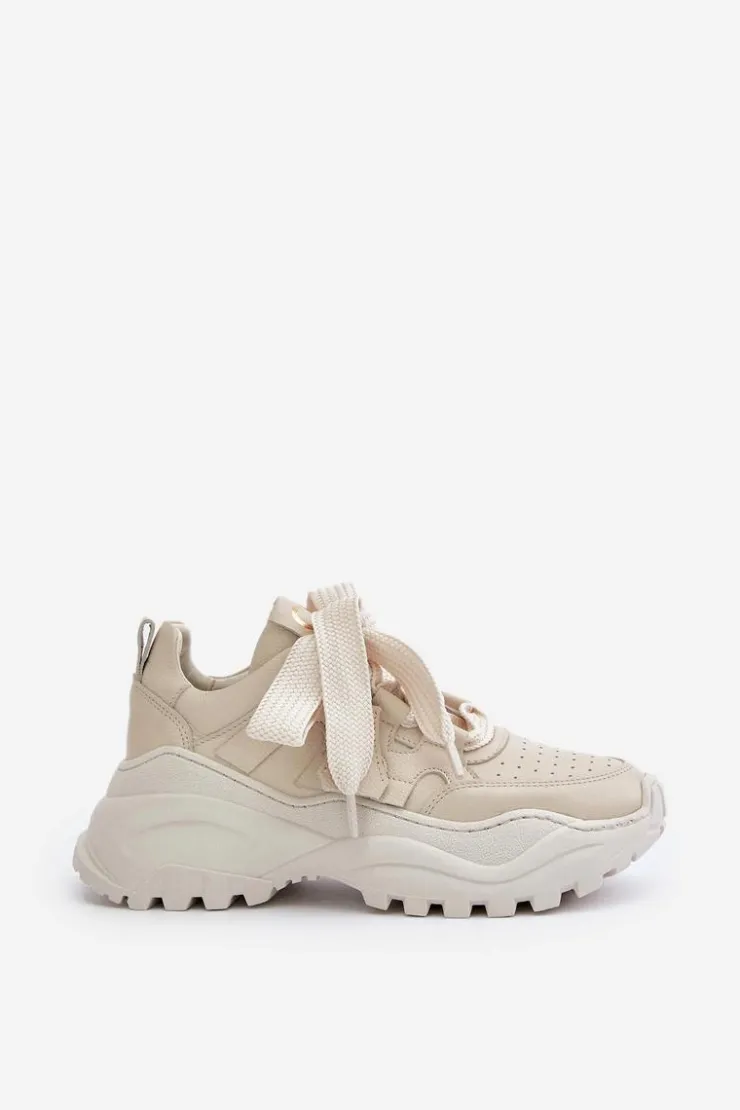 Damskie CheBello Damskie Skórzane Sneakersy Beżowe 4583
