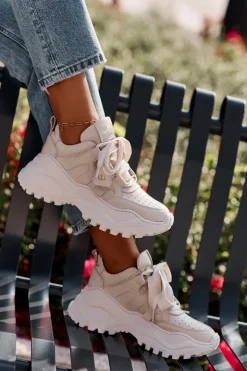 Damskie CheBello Damskie Skórzane Sneakersy Beżowe 4583