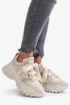 Damskie CheBello Damskie Skórzane Sneakersy Beżowe 4583