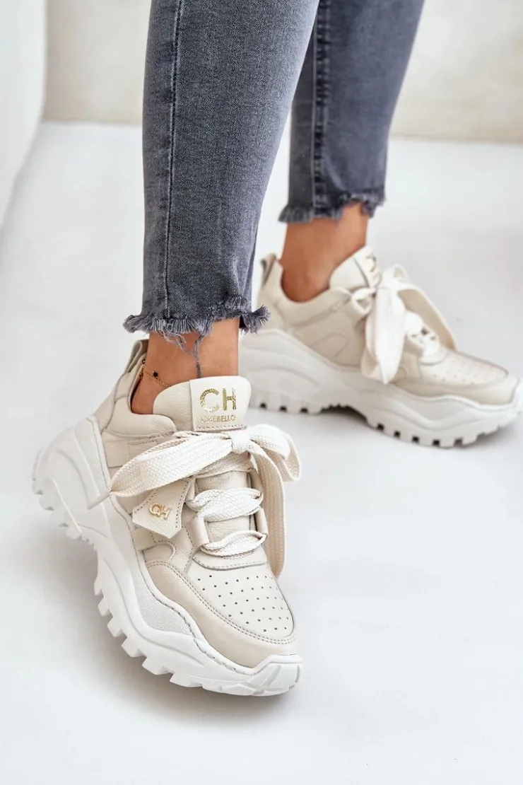 Damskie CheBello Damskie Skórzane Sneakersy Beżowe 4583