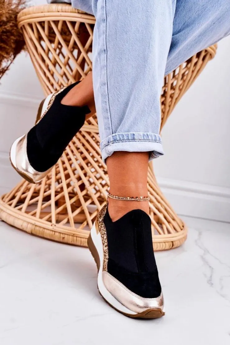 Boto Sneakersy Damskie*Damskie Skórzane Sneakersy Na Koturnie Czarne Złote Frances