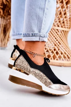 Boto Sneakersy Damskie*Damskie Skórzane Sneakersy Na Koturnie Czarne Złote Frances