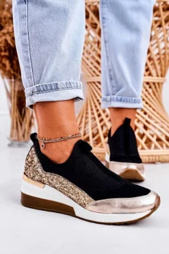 Boto Sneakersy Damskie*Damskie Skórzane Sneakersy Na Koturnie Czarne Złote Frances