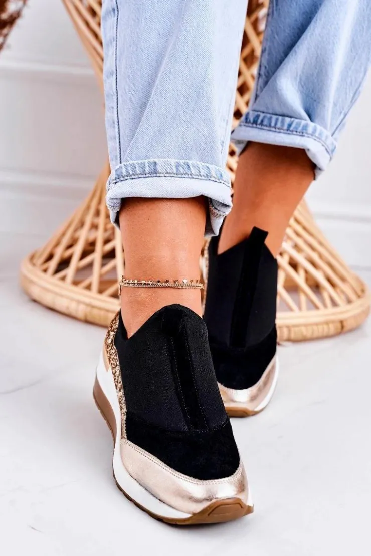 Boto Sneakersy Damskie*Damskie Skórzane Sneakersy Na Koturnie Czarne Złote Frances