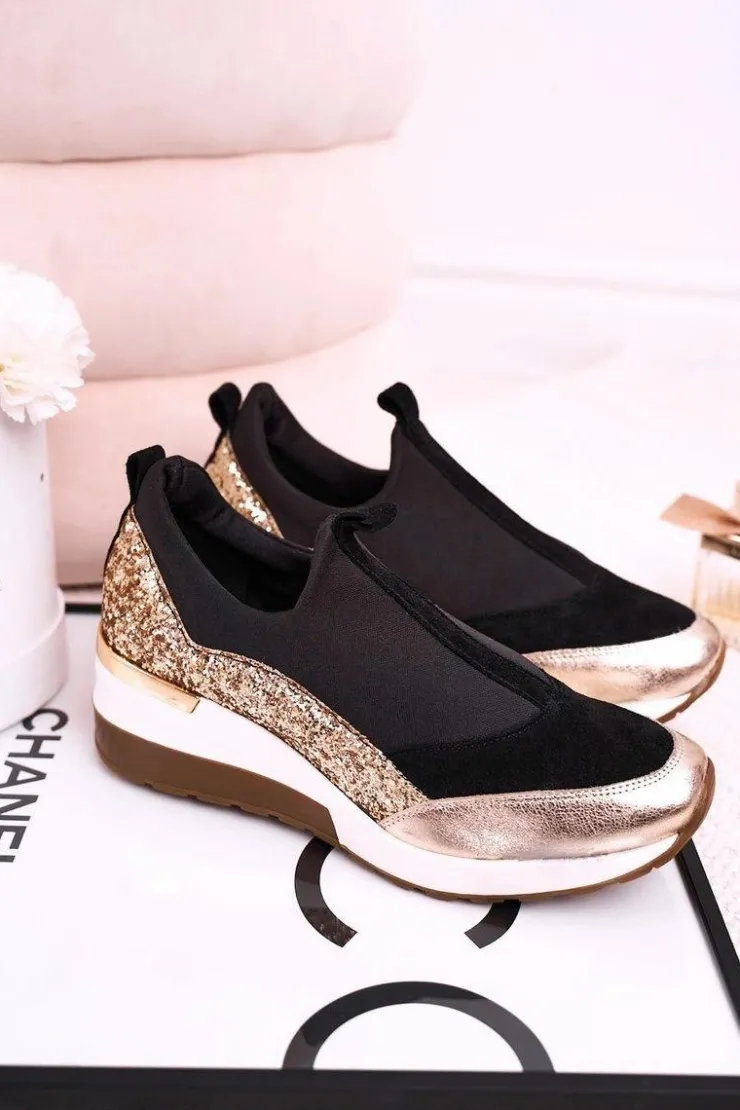 Boto Sneakersy Damskie*Damskie Skórzane Sneakersy Na Koturnie Czarne Złote Frances