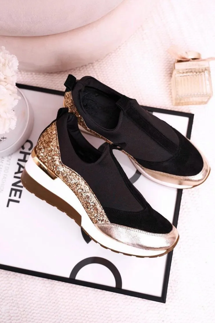 Boto Sneakersy Damskie*Damskie Skórzane Sneakersy Na Koturnie Czarne Złote Frances