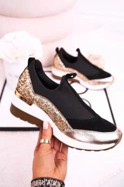 Boto Sneakersy Damskie*Damskie Skórzane Sneakersy Na Koturnie Czarne Złote Frances