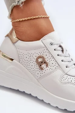 Damskie buty S.Barski Sneakersy Damskie*Damskie Skórzane Sneakersy Na Koturnie Białe D&A LR810