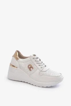 Damskie buty S.Barski Sneakersy Damskie*Damskie Skórzane Sneakersy Na Koturnie Białe D&A LR810