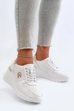 Damskie buty S.Barski Sneakersy Damskie*Damskie Skórzane Sneakersy Na Koturnie Białe D&A LR810