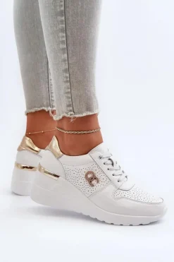 Damskie buty S.Barski Sneakersy Damskie*Damskie Skórzane Sneakersy Na Koturnie Białe D&A LR810